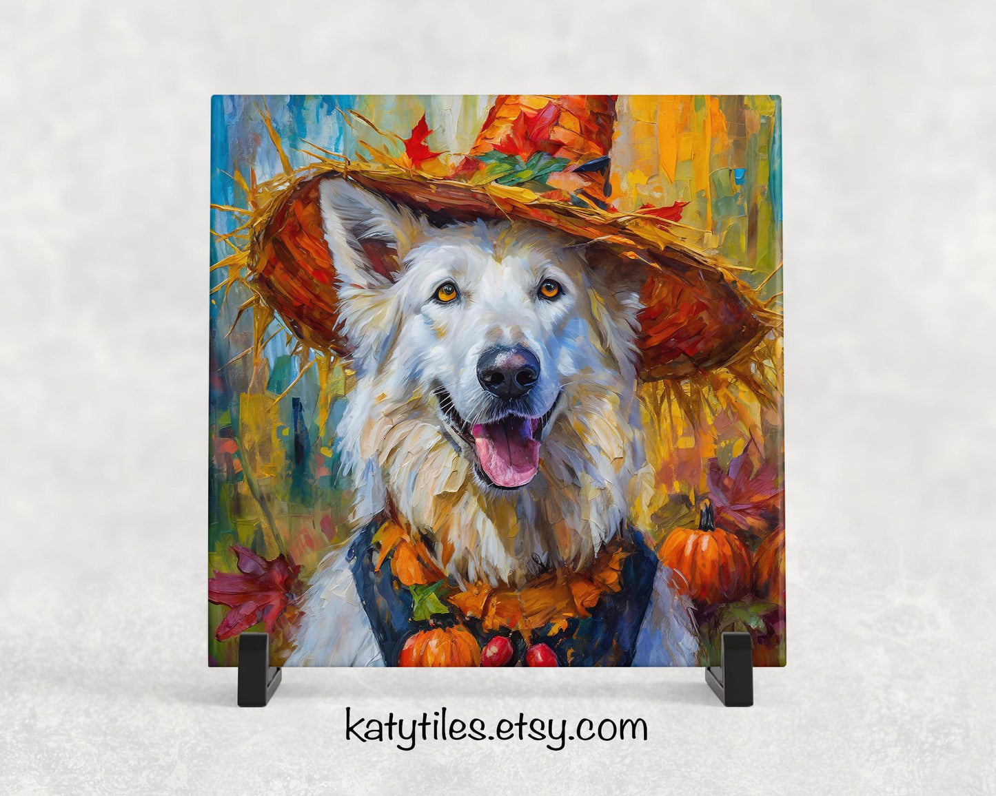 Fall Scarecrow White German Shepherd Trivet for Hot Dishes, Hot Plate Coaster Tile Art, Custom Pot Holder, Gift for German Shepherd Lovers