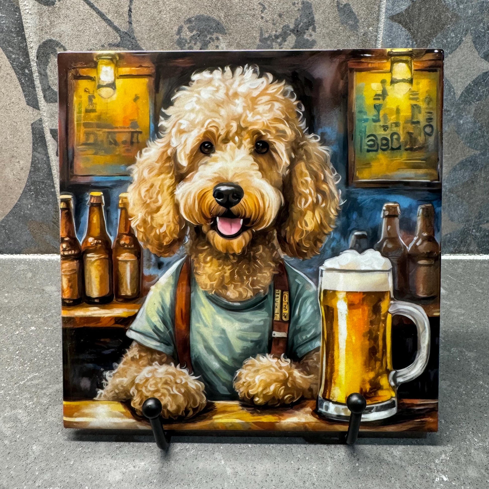 Beer Drinking Goldendoodle Trivet for Hot Dishes, Hot Plate Coaster Tile Art, Custom Pot Holder, mancave decor, bar decor, Bar Goldendoodle