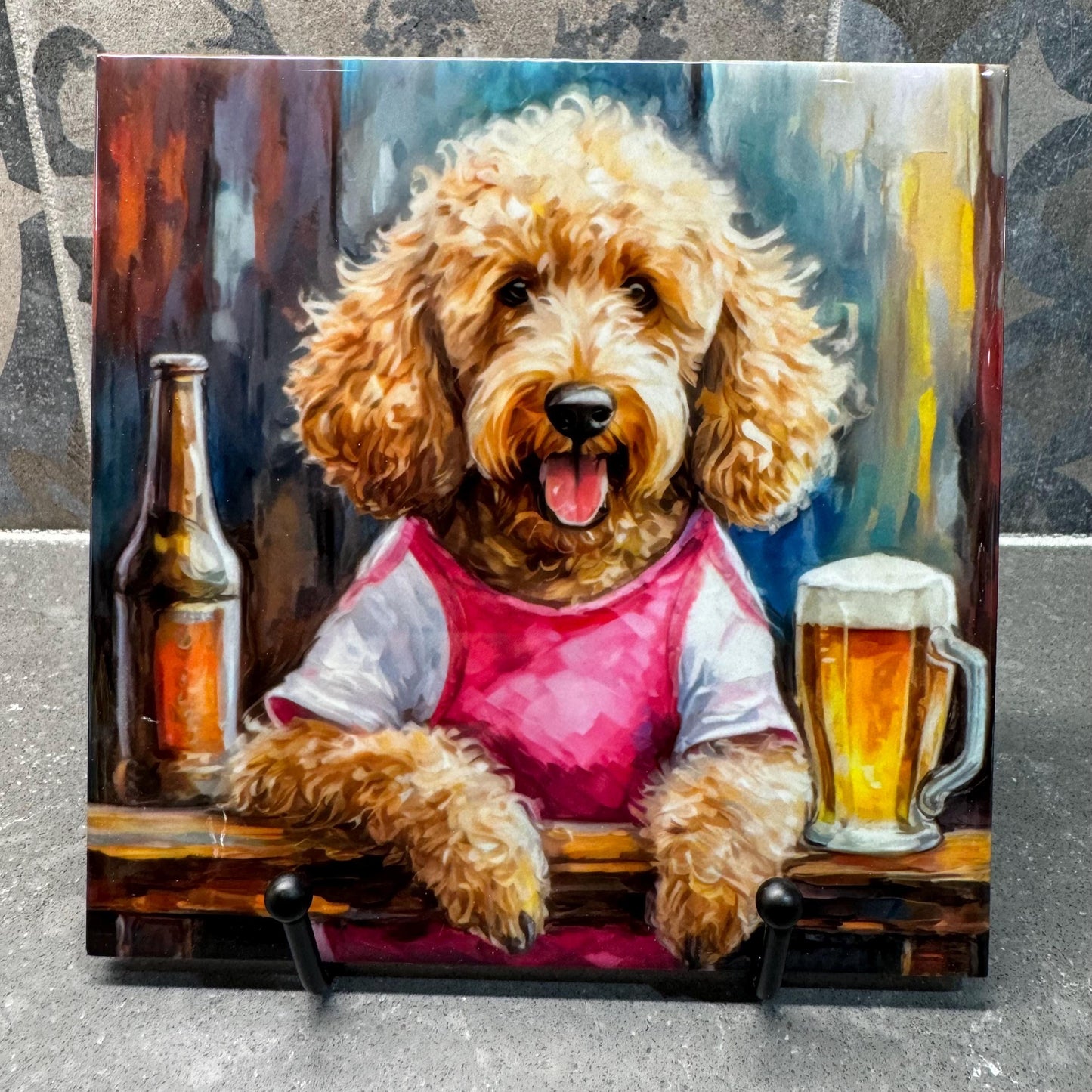 Beer Drinking Goldendoodle Trivet for Hot Dishes, Hot Plate Coaster Tile Art, Custom Pot Holder, mancave decor, bar decor, Bar Goldendoodle