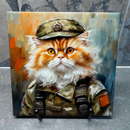 Orange Persian Cat Army Cat Ceramic Tile Trivet for Hot Dishes, Hot Plate Coaster Tile Art, Custom Pot Holder, Crazy Cat Lady, Cat Mom, 6x6