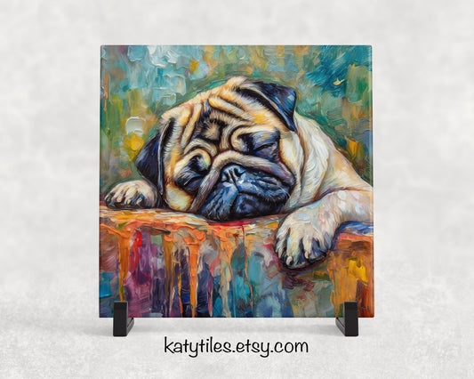 Sleeping Pug Trivet for Hot Dishes, Hot Plate Coaster Tile Art, Custom Pot Holder, Gift for pug lover, pug decor, pug mom, pug dad