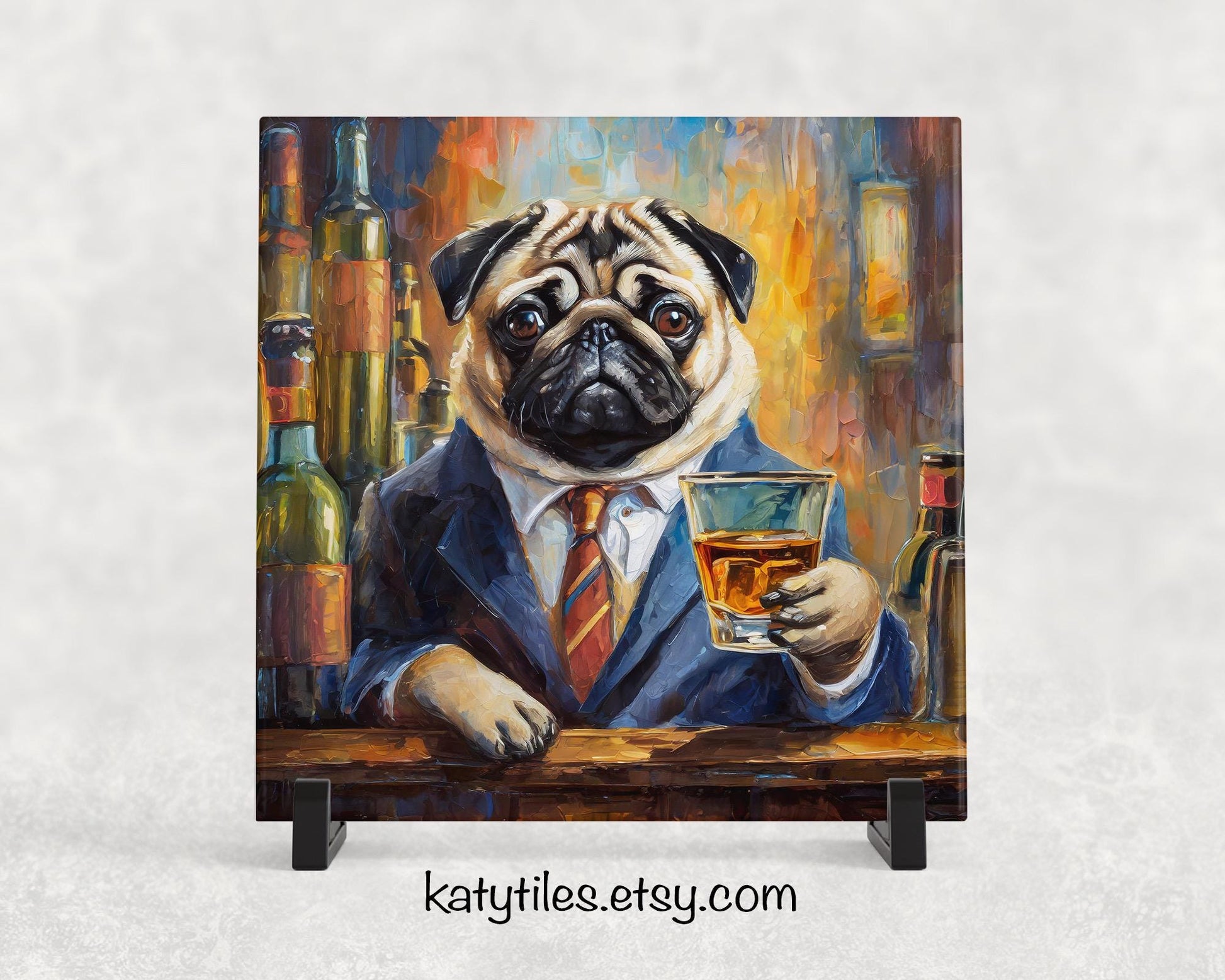 Whiskey Pug Trivet for Hot Dishes, Hot Plate Coaster Tile Art, Custom Pot Holder, Gift for pug lover, pug decor, pug mom, pug dad