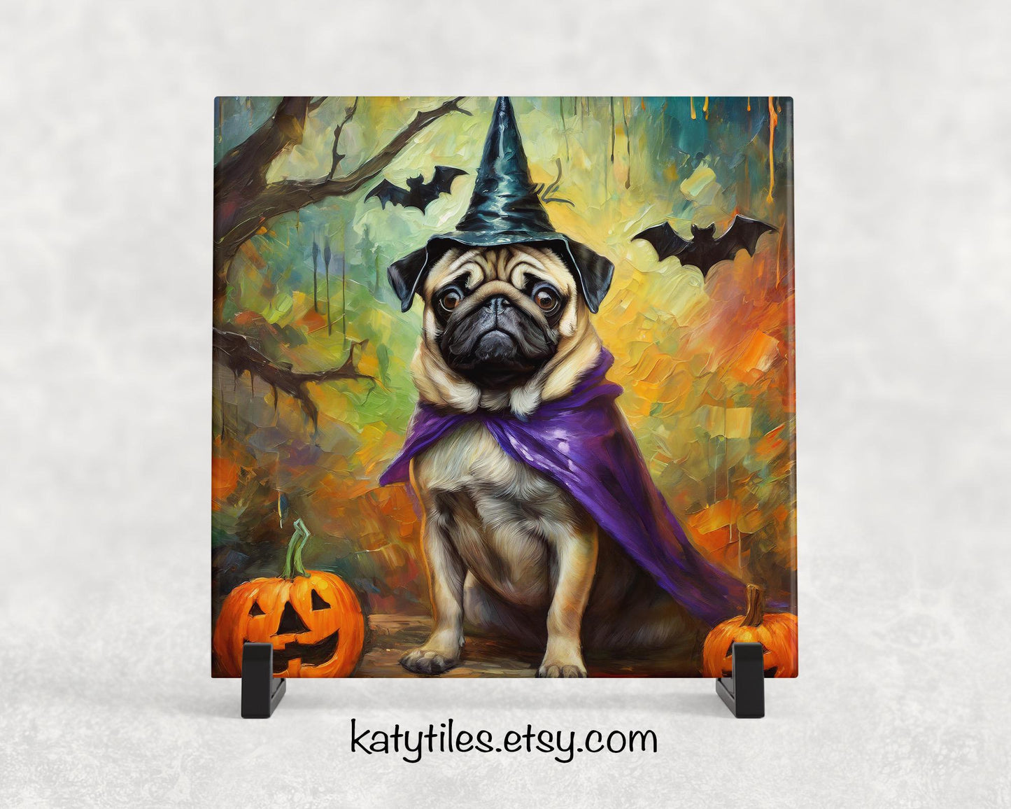 Halloween Witch Pug Trivet for Hot Dishes, Hot Plate Coaster Tile Art, Custom Pot Holder, Gift for pug lover, pug decor, pug mom, pug dad