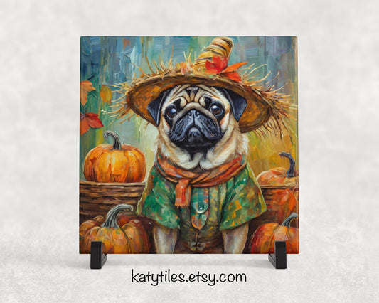 Scarecrow Pug Trivet for Hot Dishes, Hot Plate Coaster Tile Art, Custom Pot Holder, Gift for pug lover, pug decor, pug mom, pug dad