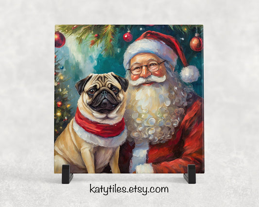 Christmas Santa Pug Trivet for Hot Dishes, Hot Plate Coaster Tile Art, Custom Pot Holder, Gift for pug lover, pug decor, pug mom, pug dad