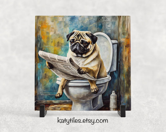 Poopin’ Pug Trivet for Hot Dishes, Hot Plate Coaster Tile Art, Custom Pot Holder, Gift for pug lover, pug decor, pug mom, pug dad