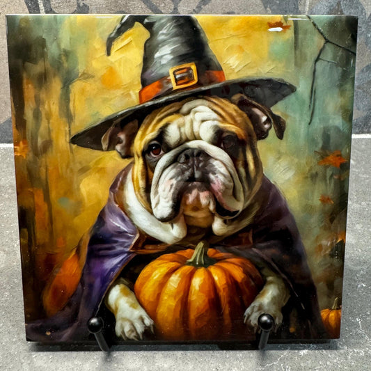 Halloween Witch Bull Dog Trivet for Hot Dishes, Hot Plate Coaster Tile Art, Custom Pot Holder, Gift for Bull Dog, Bull Dog decor