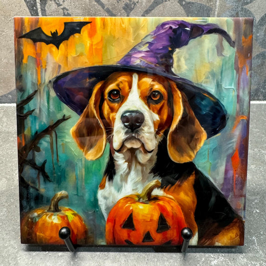 Halloween Witch Beagle Trivet for Hot Dishes, Hot Plate Coaster Tile Art, Custom Pot Holder, Gift for Beagle Lovers, Beagle decor