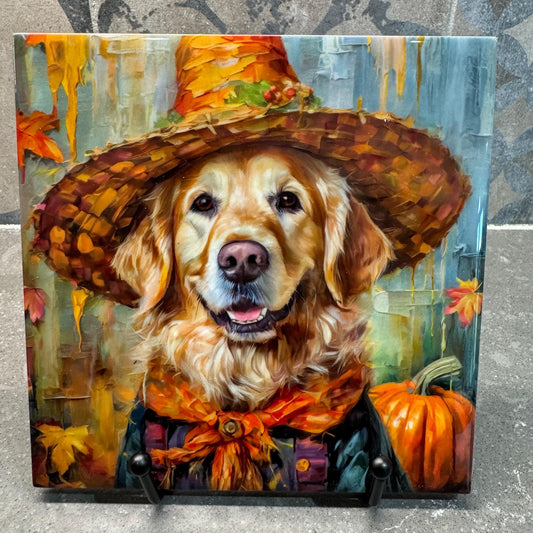 Fall Scarecrow Golden Retriever Trivet for Hot Dishes, Hot Plate Coaster Tile Art, Custom Pot Holder, Gift for Golden Retriever Lovers