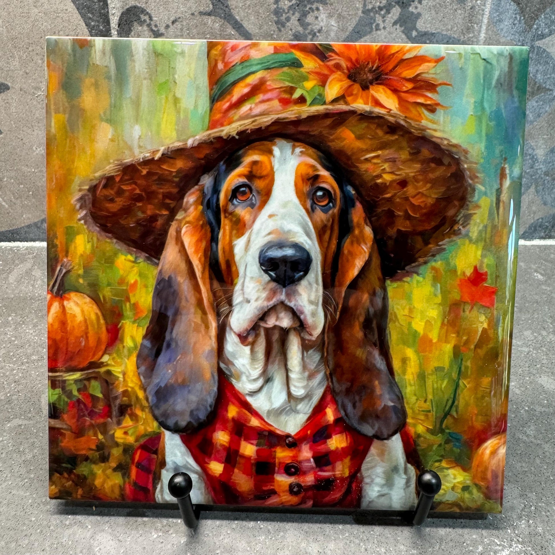 Fall Scarecrow Basset Hound Trivet for Hot Dishes, Hot Plate Coaster Tile Art, Custom Pot Holder, Gift for Basset Hound Lovers