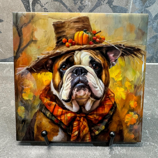 Fall Scarecrow Bull Dog Trivet for Hot Dishes, Hot Plate Coaster Tile Art, Custom Pot Holder, Gift for Bull Dog Lovers