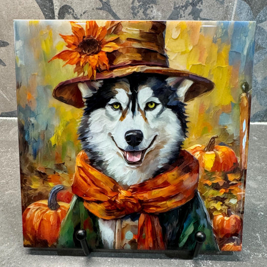 Fall Scarecrow Husky Trivet for Hot Dishes, Hot Plate Coaster Tile Art, Custom Pot Holder, Gift for Husky Lovers