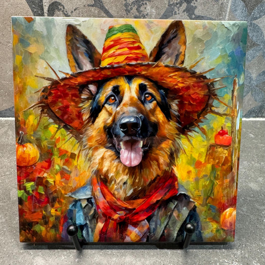 Fall Scarecrow German Shepherd Trivet for Hot Dishes, Hot Plate Coaster Tile Art, Custom Pot Holder, Gift for German Shepherd Lovers