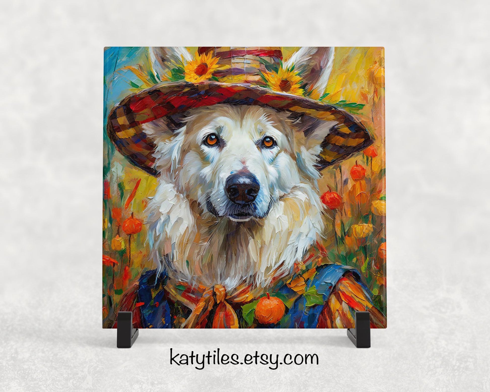 Fall Scarecrow White German Shepherd Trivet for Hot Dishes, Hot Plate Coaster Tile Art, Custom Pot Holder, Gift for German Shepherd Lovers