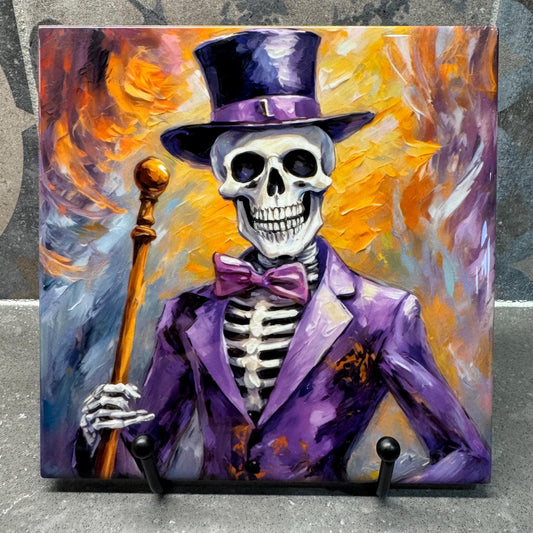 Halloween Skeleton Purple Top Hat Trivet for Hot Dishes, Hot Plate Coaster Tile Art, Custom Pot Holder, Halloween decoration, spooky deco