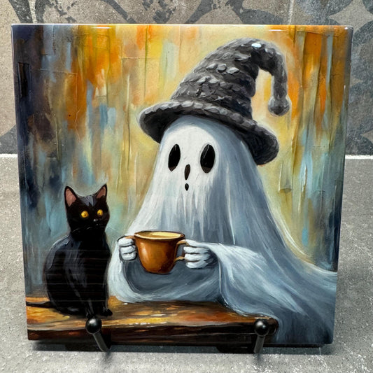 Halloween Ghost And Black Cat Drinking Coffee Trivets for Hot Dishes, Hot Plate Coaster Tile Art, Custom Pot Holder, Halloween decoration