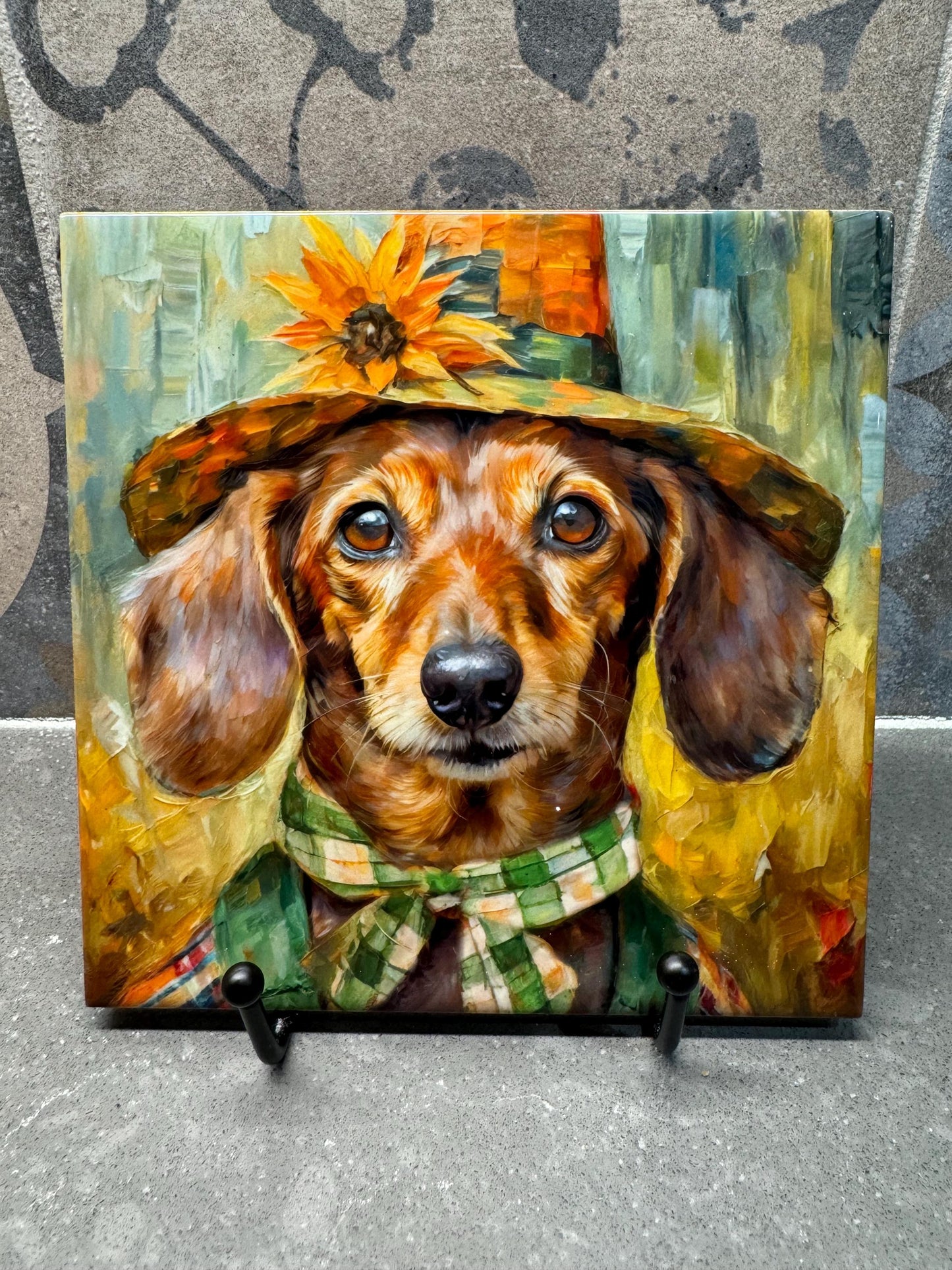 Fall Scarecrow Dachshund Trivet for Hot Dishes, Hot Plate Coaster Tile Art, Custom Pot Holder, Gift for Dachshund Lovers