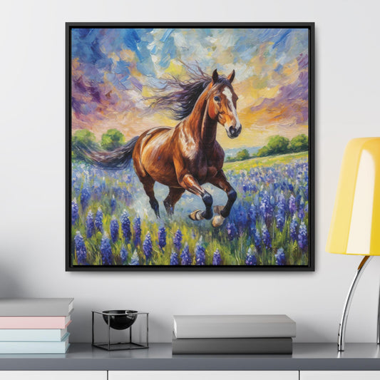 Bay Horse Bluebonnet Framed Canvas Print Wall Art - Gift For Horse Lover - Horse Decor