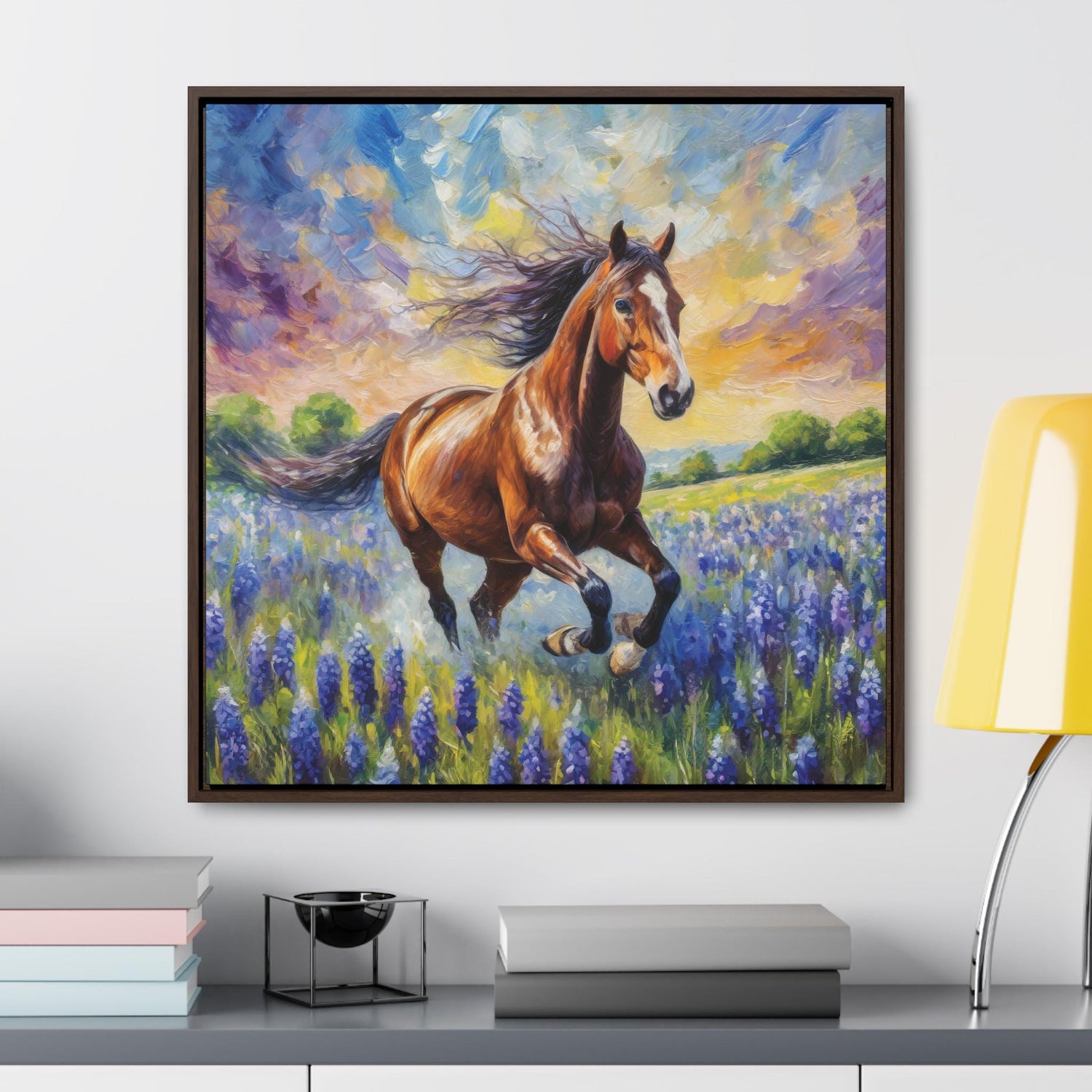 Bay Horse Bluebonnet Framed Canvas Print Wall Art - Gift For Horse Lover - Horse Decor