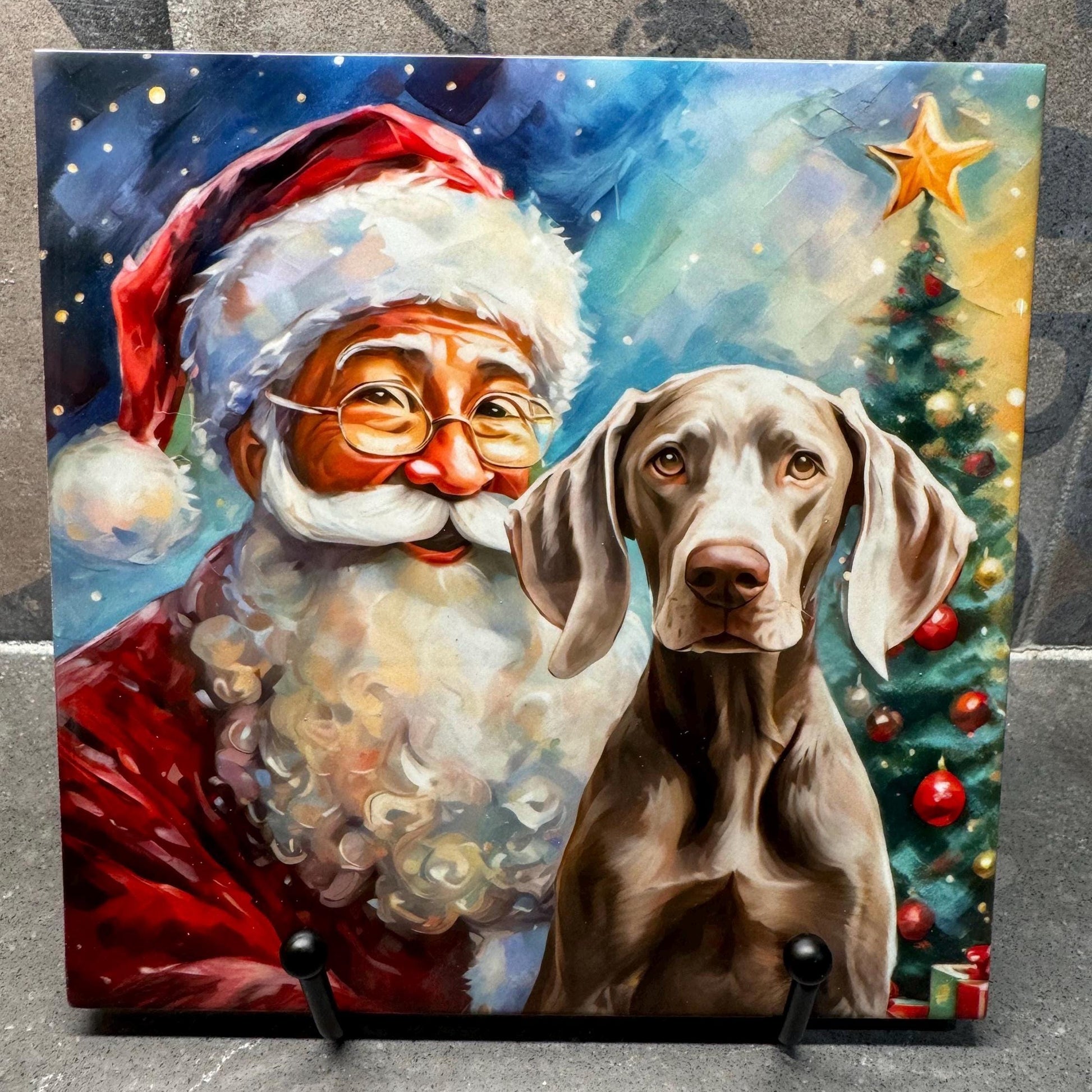 Christmas Santa Weimaraner Trivet for Hot Dishes, Hot Plate Coaster Tile Art, Custom Pot Holder, Gift for Weimaraner lover, Weimaraner decor