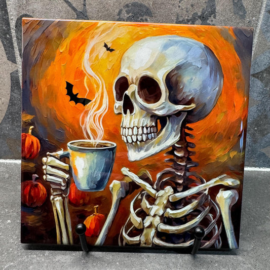 Halloween Skeleton Drinking Coffee Trivets for Hot Dishes, Hot Plate Coaster Tile Art, Custom Pot Holder, Halloween decoration, spooky deco