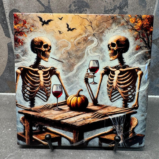 Halloween Skeleton Wine Trivets for Hot Dishes, Hot Plate Coaster Tile Art, Custom Pot Holder, Halloween decoration