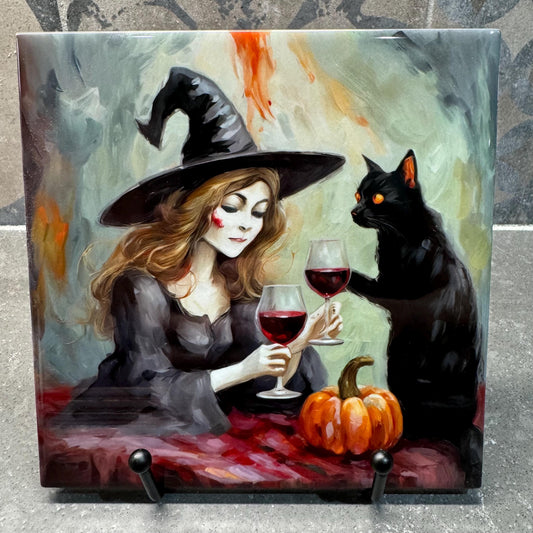 Halloween Witch Black Cat Wine Trivets for Hot Dishes, Hot Plate Coaster Tile Art, Custom Pot Holder, Halloween decoration