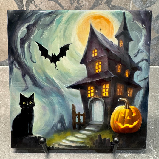 Halloween Black Cat Trivets for Hot Dishes, Hot Plate Coaster Tile Art, Custom Pot Holder, Halloween decoration