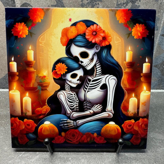 2 Designs! Day of the Dead Sugar Skull Mother and Child Trivet for Hot Dishes, Hot Plate Coaster Tile Art, Pot Holder, Día de Muertos Decor