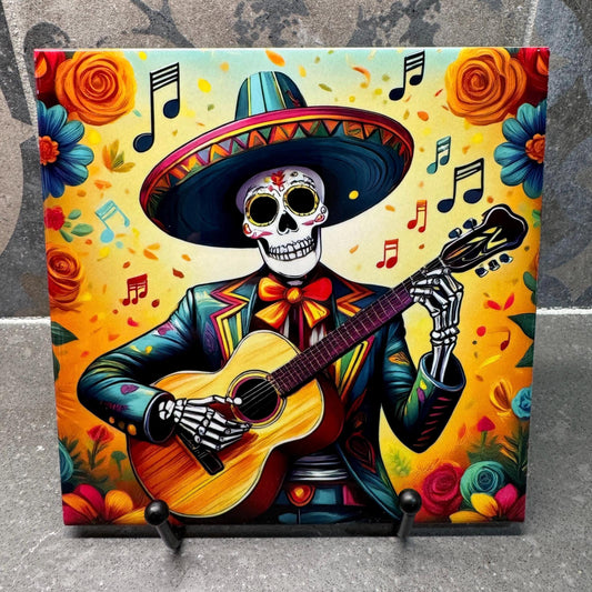 2 Designs! Day of the Dead Sugar Skull Guitarist Trivet for Hot Dishes, Hot Plate Coaster Tile Art, Pot Holder, Día de Muertos Decor