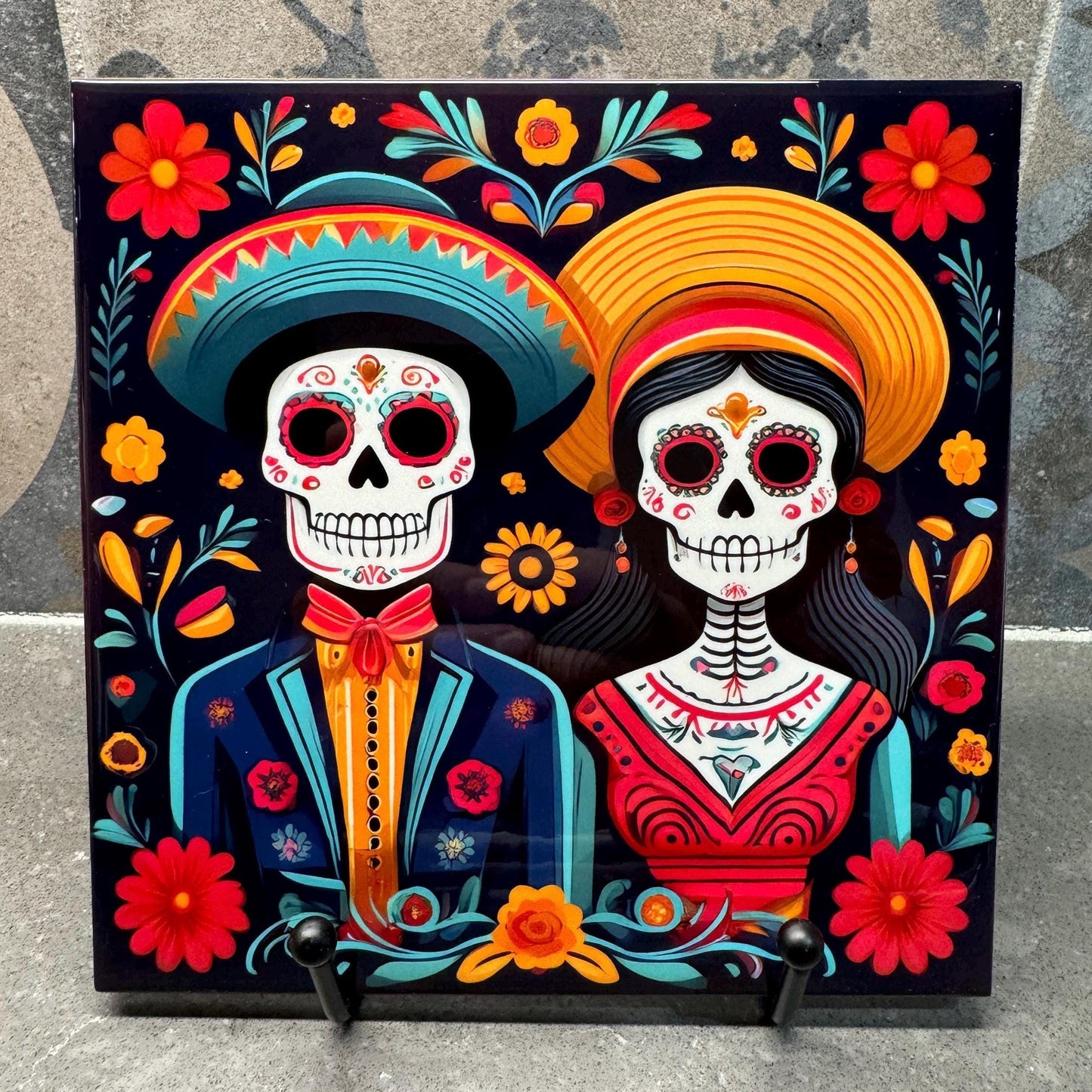 Day of the Dead Sugar Skull Couple Trivet for Hot Dishes, Hot Plate Coaster Tile Art, Pot Holder, Día de Muertos Decor