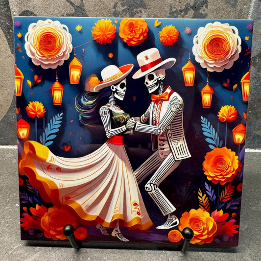 Day of the Dead Sugar Skull Couple Dancing Trivet for Hot Dishes, Hot Plate Coaster Tile Art, Pot Holder, Día de Muertos Decor