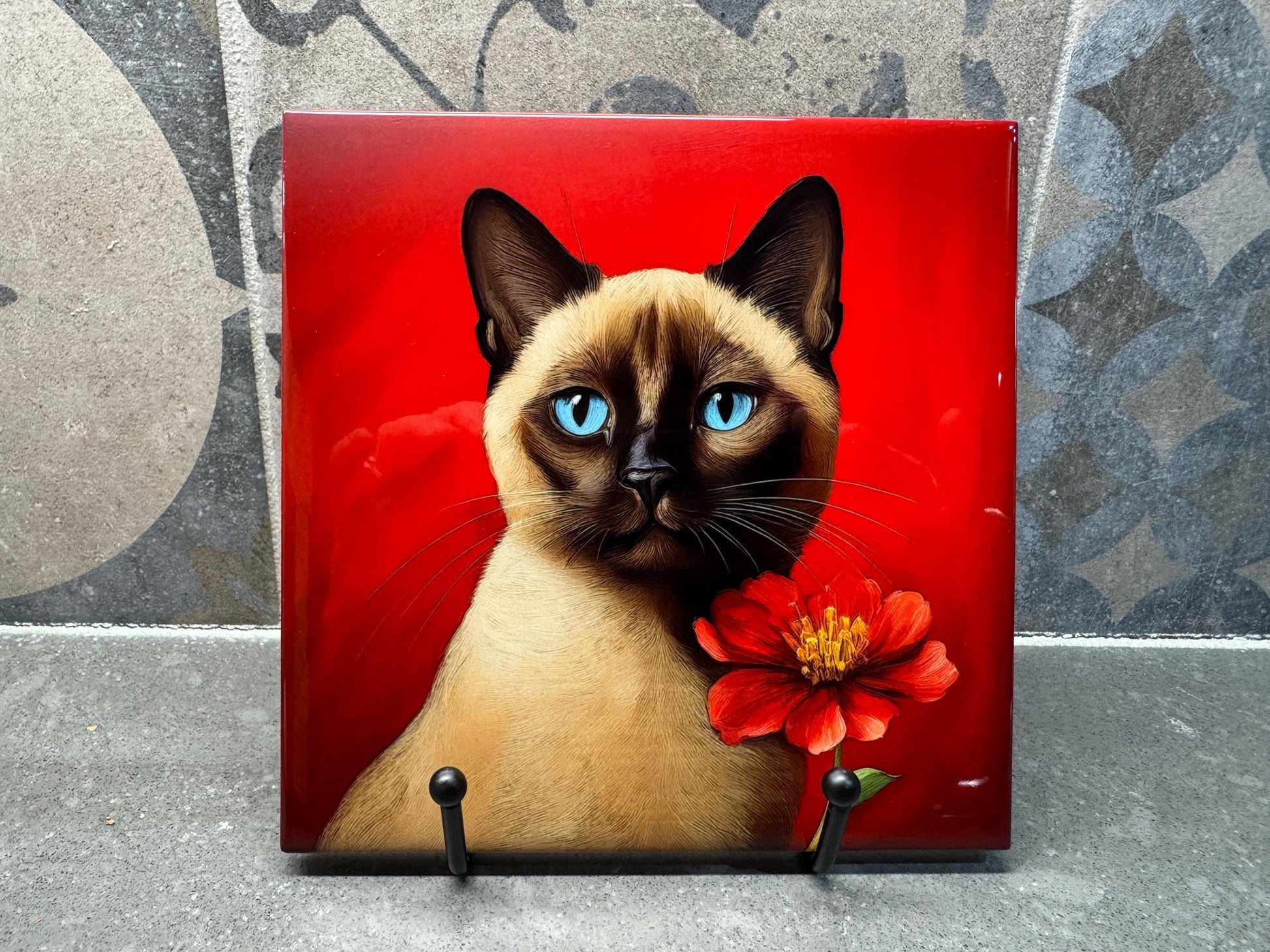 Siemese Cat Trivet for Hot Dishes, Hot Plate Coaster Tile Art, Custom Pot Holder, Gift for Siemese Cat Lovers, Cat Mom Gift, Red Flower Pic