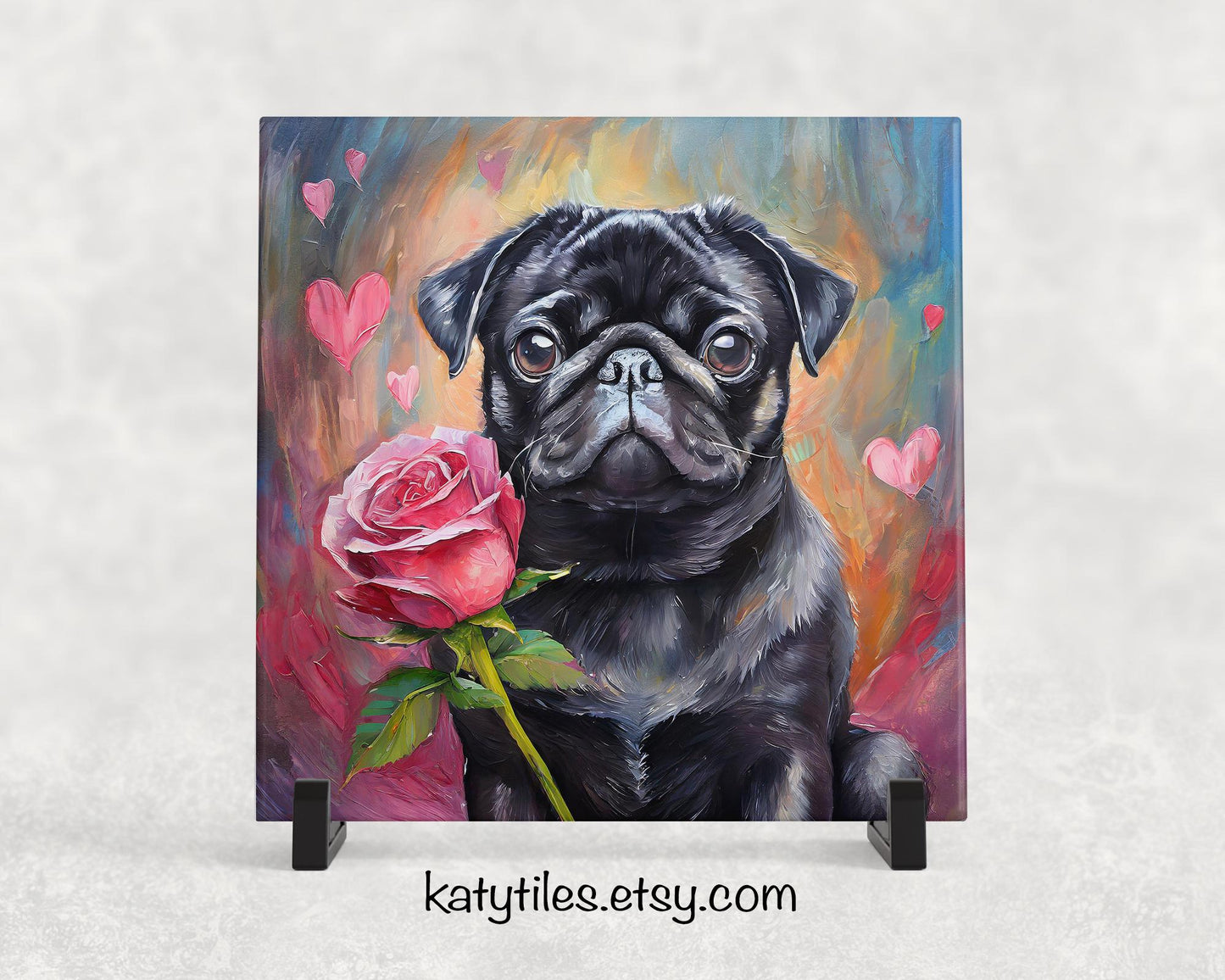 Black Pug Heart Trivet - Valentine's Day Gift for Dog Lovers | Custom Hot Plate Coaster | Heart Rose Home Decor