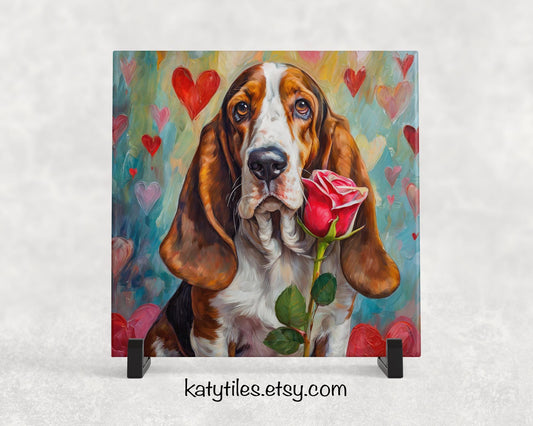 Basset Hound Heart Trivet - Valentine's Day Gift for Dog Lovers | Custom Hot Plate Coaster | Heart Rose Home Decor