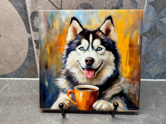 Husky Drinking Coffee Ceramic Tile Trivet For Hot Dishes/Coaster – 6x6 Handmade Kitchen Decor, Gift for Dog Lovers, Made in USA