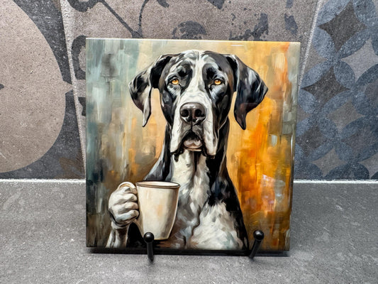 Black and White Great Dane Drinking Coffee Ceramic Tile Trivet For Hot Dishes/Coaster – 6x6 Handmade Kitchen Decor, Gift for Dog Lovers