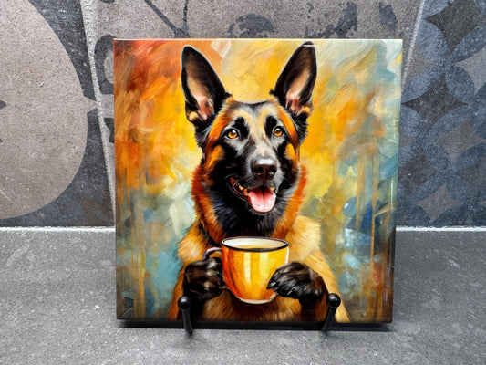 Belgian Malinois Drinking Coffee Ceramic Tile Trivet For Hot Dishes/Coaster – 6x6 Handmade Kitchen Decor, Gift for Dog Lovers, Made in USA