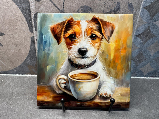Jack Russell Terrier Drinking Coffee Ceramic Tile Trivet For Hot Dishes/Coaster – 6x6 Handmade Kitchen Decor, Gift for Dog Lovers