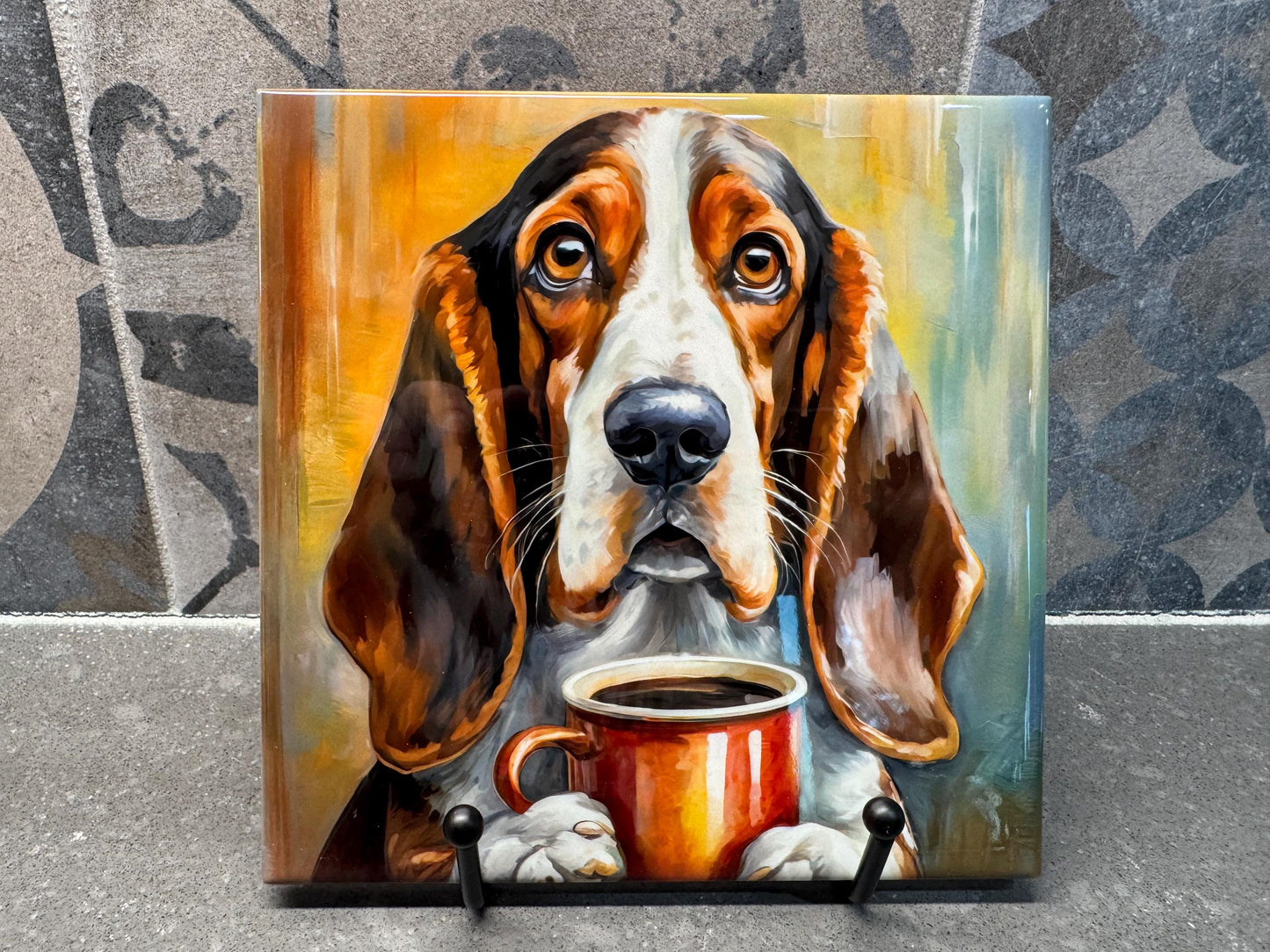 Basset Hound Drinking Coffee Ceramic Tile Trivet For Hot Dishes/Coaster – 6x6 Handmade Kitchen Decor, Gift for Dog Lovers, Made in USA