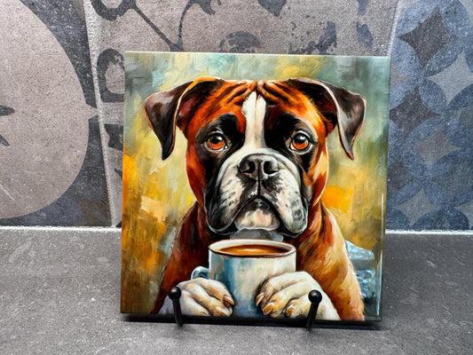 Boxer Drinking Coffee Ceramic Tile Trivet For Hot Dishes/Coaster – 6x6 Handmade Kitchen Decor, Gift for Dog Lovers, Made in USA