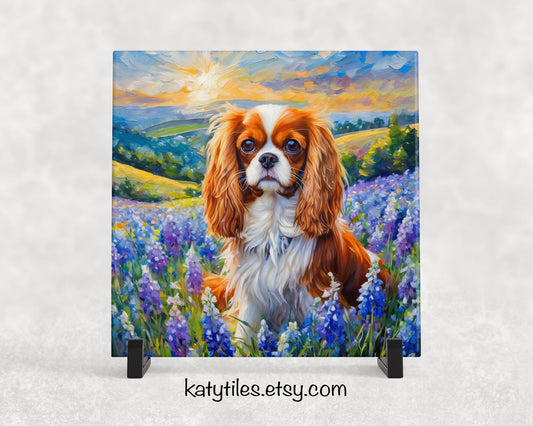 Cavalier King Charles Spaniel in Bluebonnets Ceramic Tile Trivet For Hot Dishes/Coaster – 6x6 Handmade Kitchen Decor, Gift for Dog Lovers