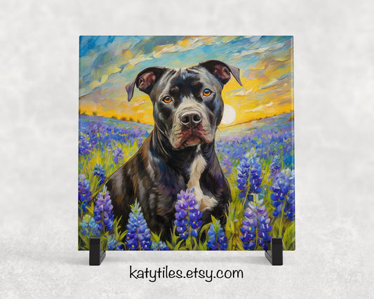 Black Pit Bull in Bluebonnets Ceramic Tile Trivet For Hot Dishes/Coaster – 6x6 Handmade Kitchen Decor, Gift for Dog Lovers, Made in USA