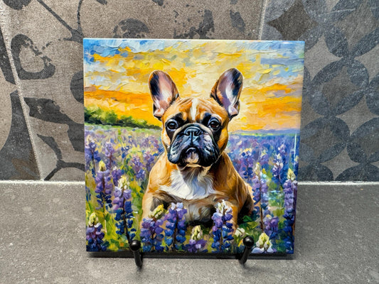 French Bulldog in Bluebonnets Ceramic Tile Trivet For Hot Dishes/Coaster – 6x6 Handmade Kitchen Decor, Gift for Dog Lovers, Frenchie