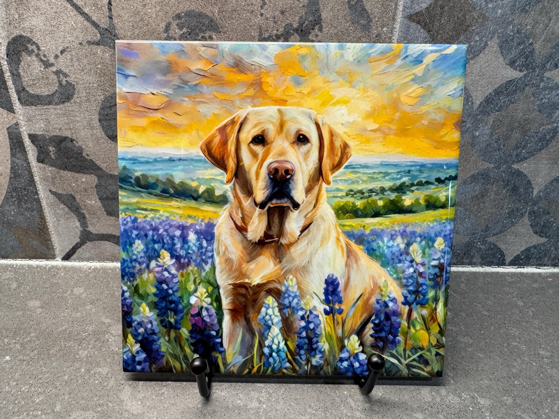 Yellow Labrador Retriever in Bluebonnets Ceramic Tile Trivet For Hot Dishes/Coaster – 6x6 Handmade Kitchen Decor, Gift for Dog Lovers