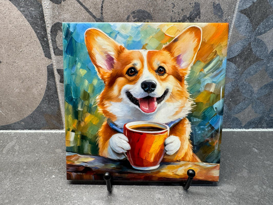 Corgi Drinking Coffee Ceramic Tile Trivet For Hot Dishes/Coaster – 6x6 Handmade Kitchen Decor, Gift for Dog Lovers, Made in USA