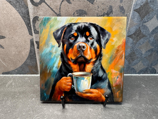 Rottweiler Drinking Coffee Ceramic Tile Trivet For Hot Dishes/Coaster – 6x6 Handmade Kitchen Decor, Gift for Dog Lovers, Made in USA