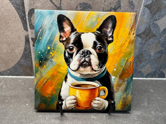 Boston Terrier Drinking Coffee Ceramic Tile Trivet For Hot Dishes/Coaster – 6x6 Handmade Kitchen Decor, Gift for Dog Lovers, Made in USA