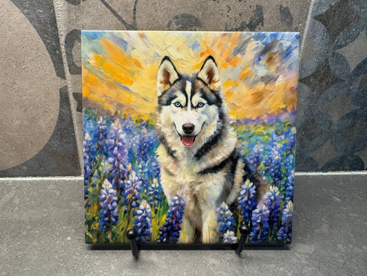 Husky in Bluebonnets Ceramic Tile Trivet For Hot Dishes/Coaster – 6x6 Handmade Kitchen Decor, Gift for Dog Lovers, Made in USA