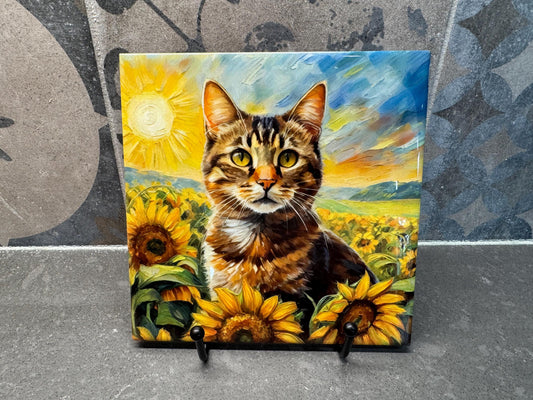 Tabby Cat in Sunflowers Ceramic Tile Trivet for Hot Dishes/Coaster – 6x6 Handmade Kitchen Decor, Gift for Cat Lovers, Made in USA